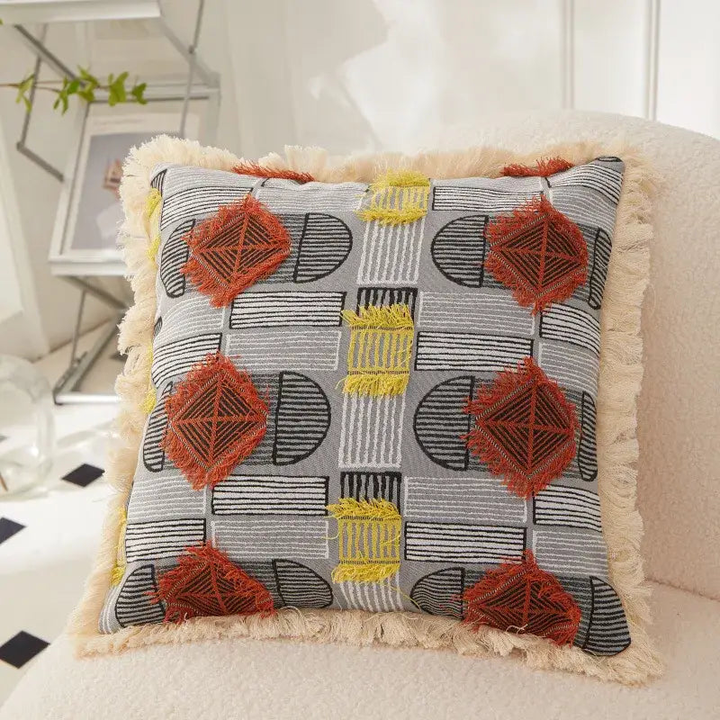 Gray cushion cover with red and yellow geometric embroidery and cream fringe decorbites artistic 45x45 handmade