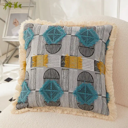 Gray cushion cover with teal yellow geometric embroidery and cream fringe trim by DecorBites Artistic 45x45 handmade