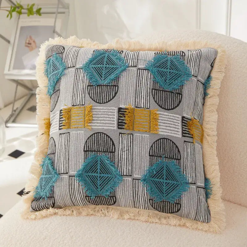 Gray cushion cover with teal yellow geometric embroidery and cream fringe trim by DecorBites Artistic 45x45 handmade