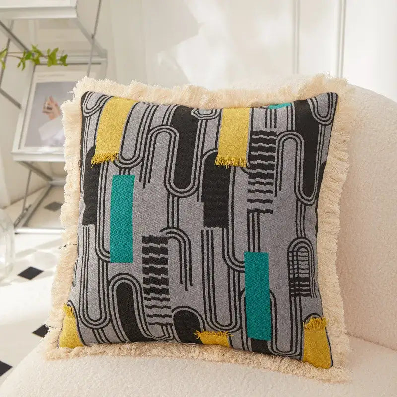 Decorbites artistic 45x45 handmade square cushion cover with modern black gray teal pattern and cream fringe edges