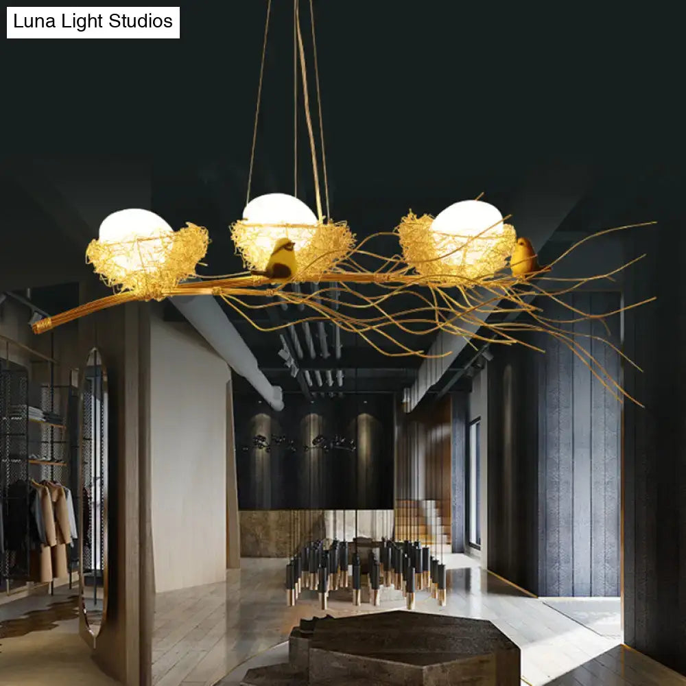 DecorBites™ golden aluminum wire bird-themed ceiling light with woven nest structures and 220v-240v spherical bulbs