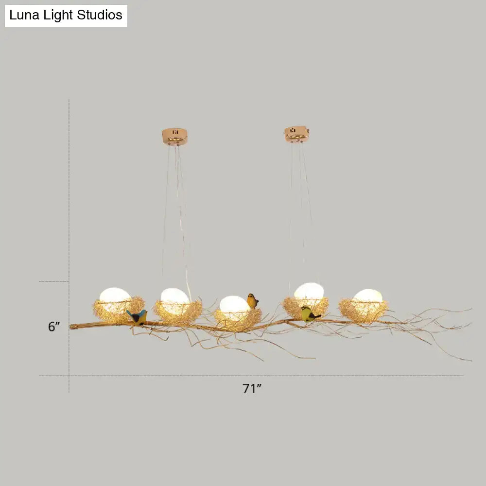 DecorBites artistic aluminum wire nest island ceiling light with golden wood eggs and birds 220v-240v suspension lamp
