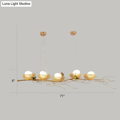 DecorBites artistic aluminum wire nest island ceiling light with golden wood eggs and birds 220v-240v suspension lamp