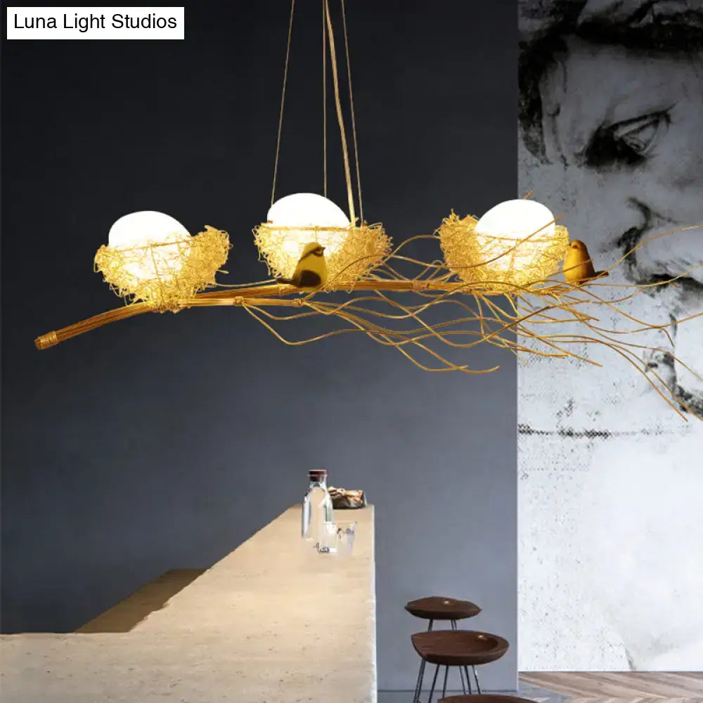 Decorbites artistic aluminum wire golden bird-themed ceiling light with woven nest and wood egg for dining room 220v-240v