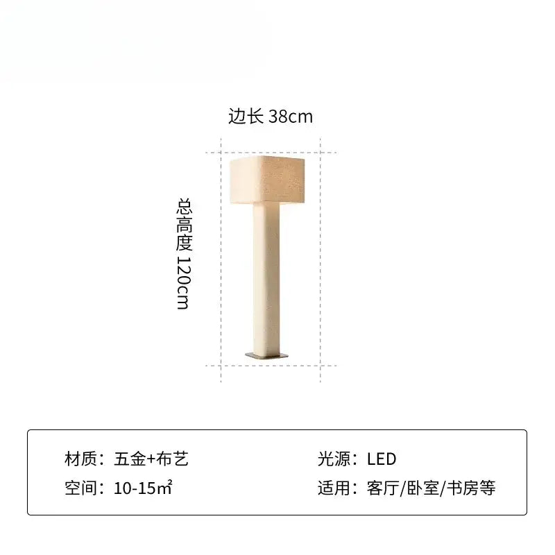 Cream-colored DecorBites artistic floor lamp with square shade and slender metallic base featuring led lighting for living rooms