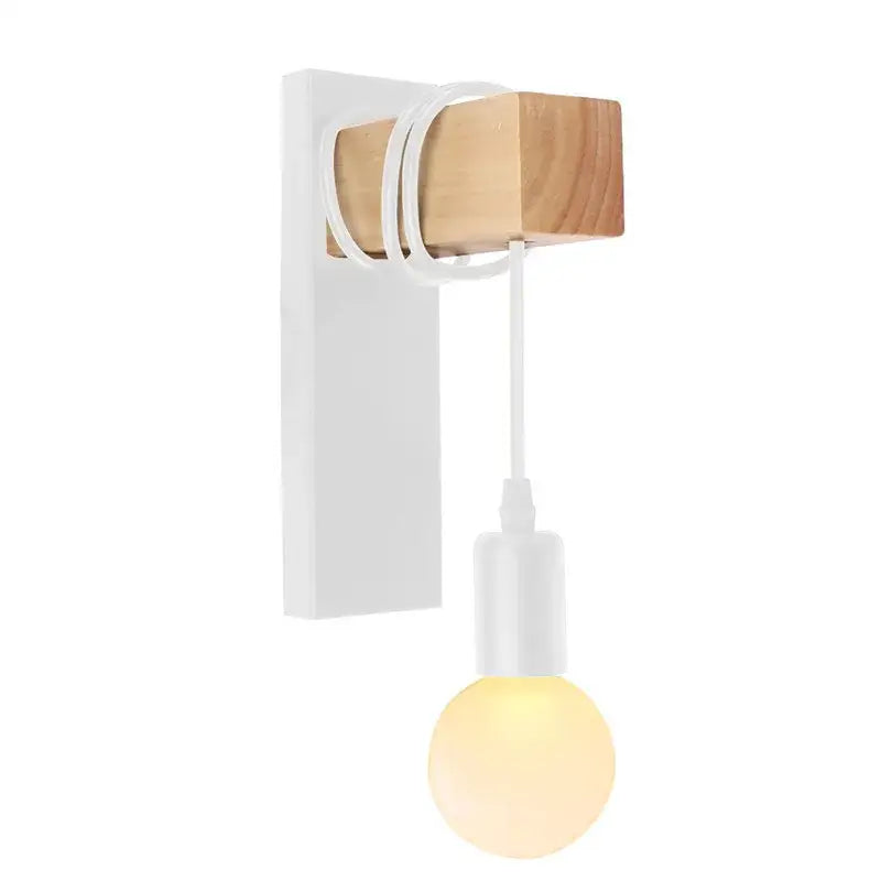 Minimalist decorbites artistic metal iron wall lamp with white rectangular backplate wooden accent and warm exposed bulb