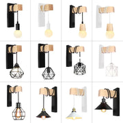 Modern wooden wall lamp with black metal accents and hanging bulb in geometric shades by DecorBites artistic metal iron