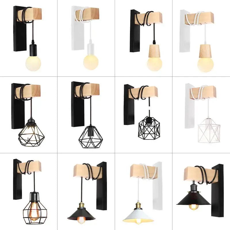 Modern wooden wall lamp with black metal accents and hanging bulb in geometric shades by DecorBites artistic metal iron
