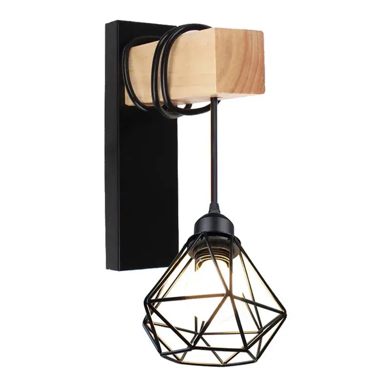 Black metal geometric wall lamp with wooden accent and exposed wiring from DecorBites artistic metal iron collection