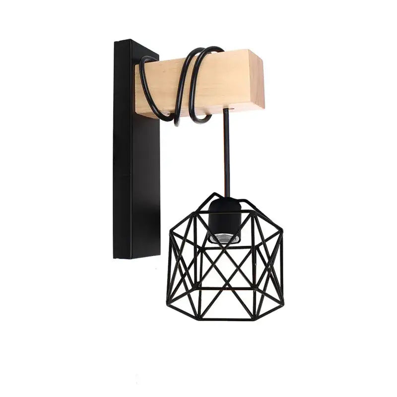 Black geometric wire wall lamp with wooden accent and black metal bracket from decorbites artistic metal iron collection