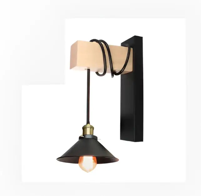Black metal pendant wall lamp with wooden beam and coiled cord decorbites artistic metal iron for livingroom bar