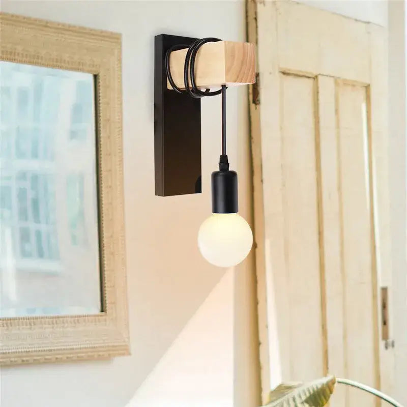 Black and light wood decorbites artistic metal iron wall lamp with round frosted glass bulb for bedroom and living room