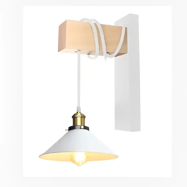White conical pendant wall lamp with brass accents and wooden block fixture by decorbites artistic metal iron for livingroom