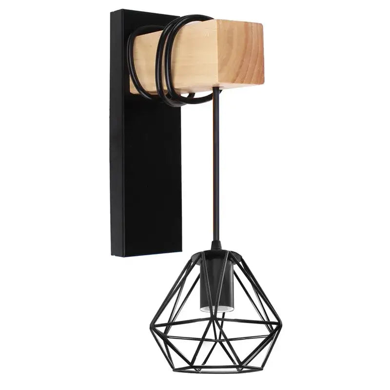 Black metal geometric wall lamp with wooden accent block, decorbites artistic metal iron design for bedroom and bar sconce