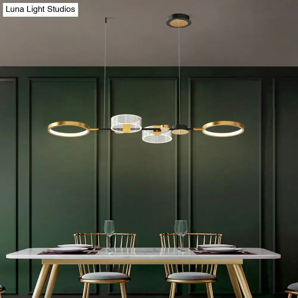 DecorBites™ artistic metal LED ceiling light fixture with gold ring island design and clear glass elements for dining room