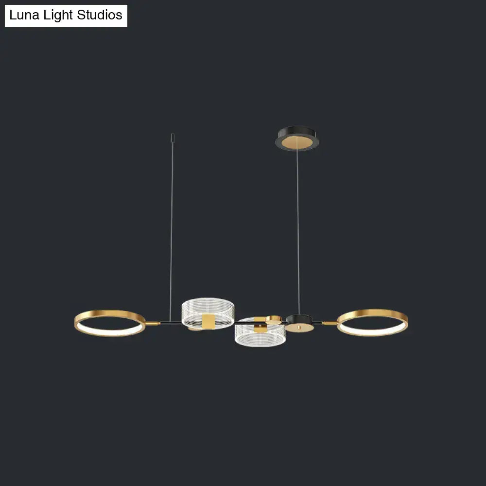 DecorBites™ artistic metal LED ceiling pendant light with gold ring island and clear glass mesh shades for dining room