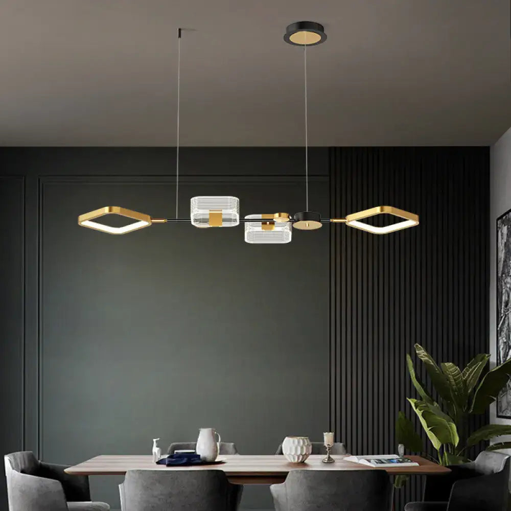 Modern geometric DecorBites™ metal LED pendant light fixture with gold ring island design for dining room ceiling