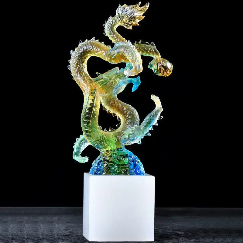 Decorbites ascending dragon feng shui ornament with translucent iridescent green and gold glass sculpture for wealth and success