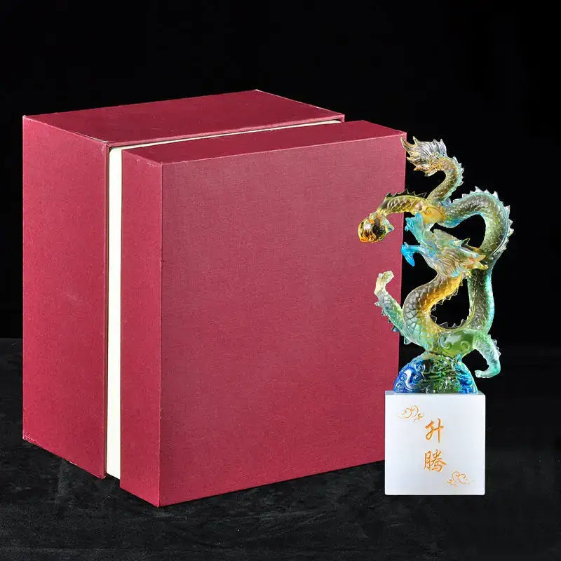 DecorBites ascending dragon feng shui ornament with iridescent green and gold figurine on white marble base with Chinese characters