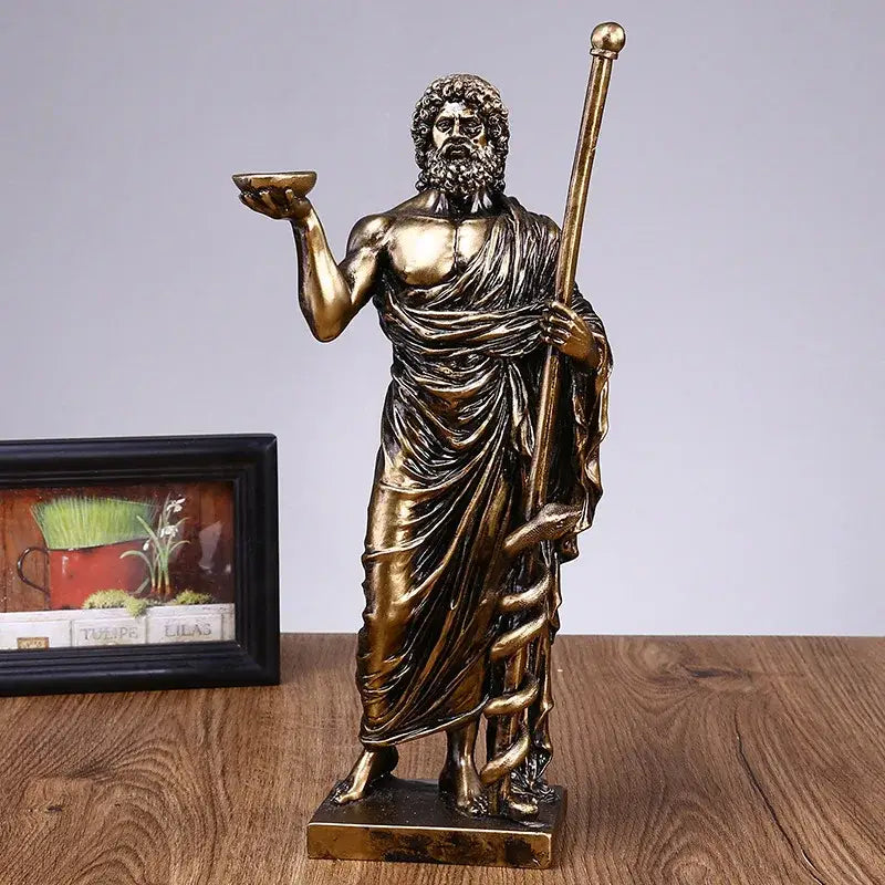 Bronze-colored resin asclepius mini statue of bearded greek god holding bowl and staff for home office decor
