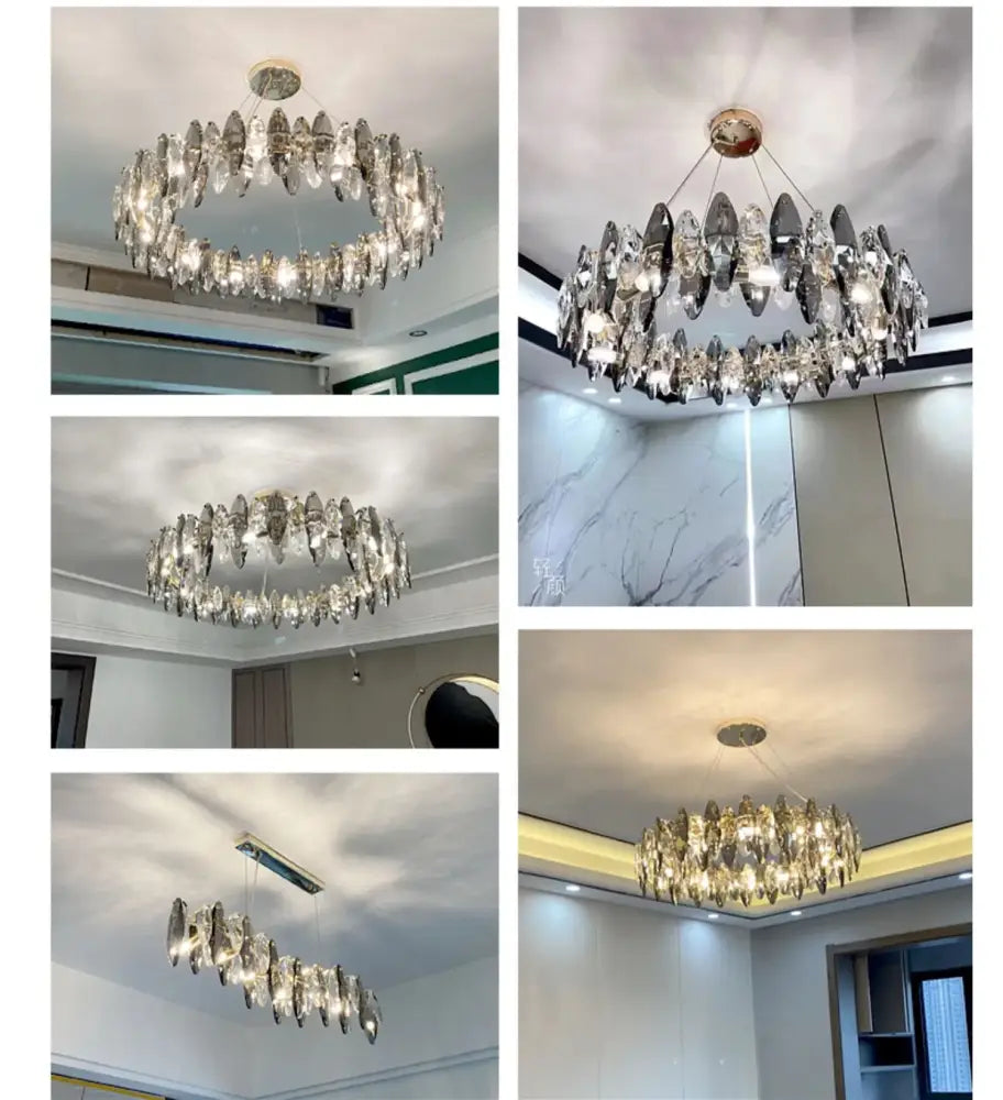 A decorbites ash crystal circular chandelier with faceted crystal droplets and metallic ash crystal ceiling mount