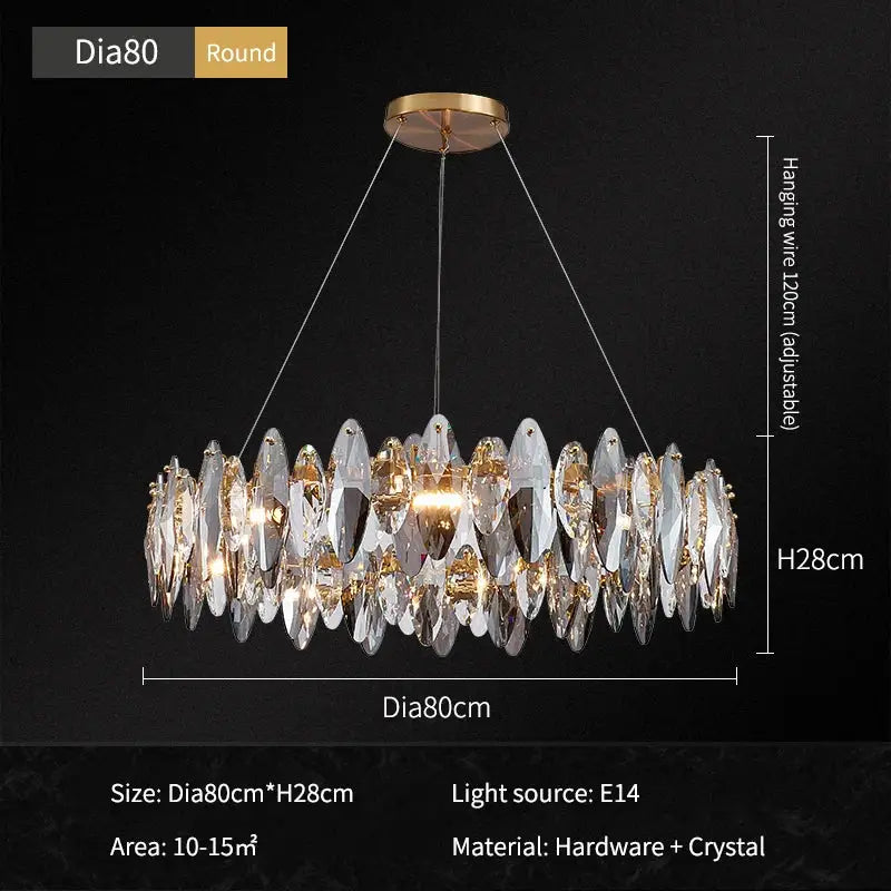 Decorbites ash crystal round chandelier with cascading clear crystal shards and gold-toned frame for modern lighting