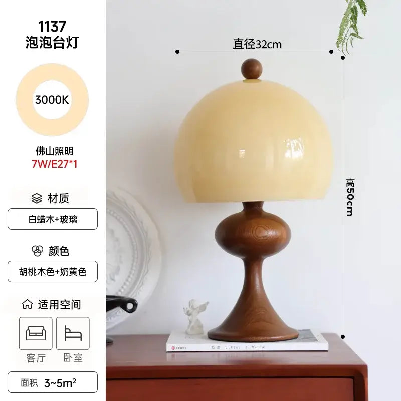 Cream-colored glass lampshade table lamp with a white walnut base decorbites ash wood bubble model 1137 medieval design