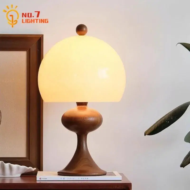 Decorbites ash wood bubble glass table lamp with warm-toned translucent dome lampshade on polished wooden base