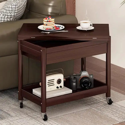 Dark brown ash wood coffee table with folding desktop storage drop-down tray and casters for easy mobility