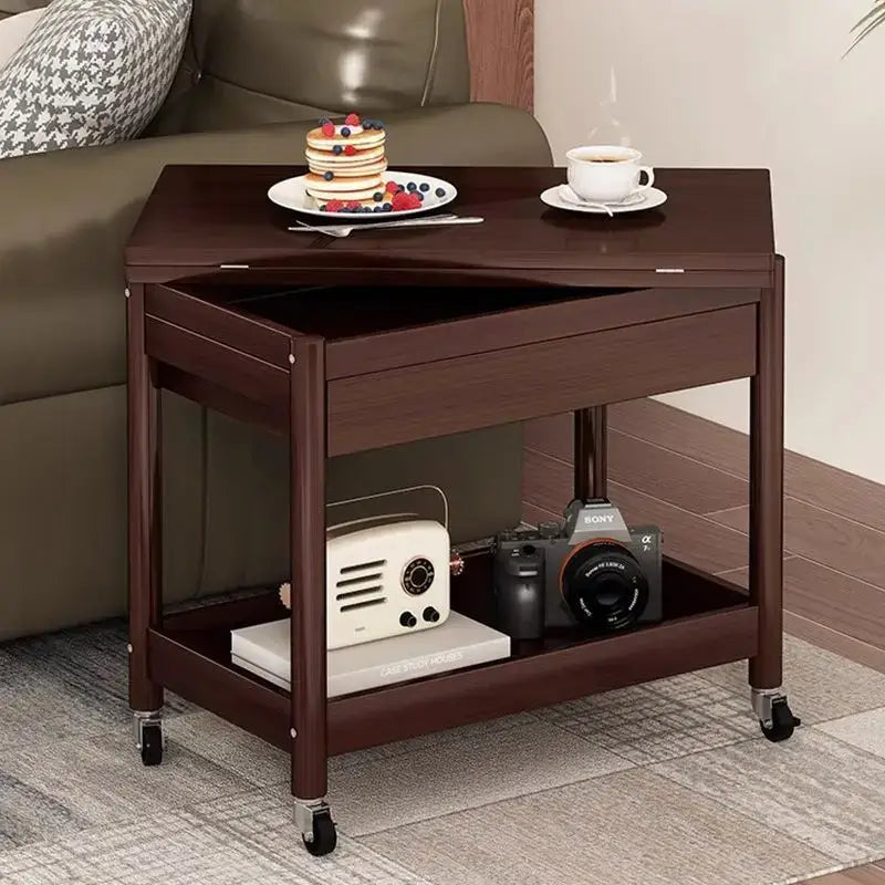 Dark brown ash wood coffee table with folding desktop storage drop-down tray and casters for easy mobility