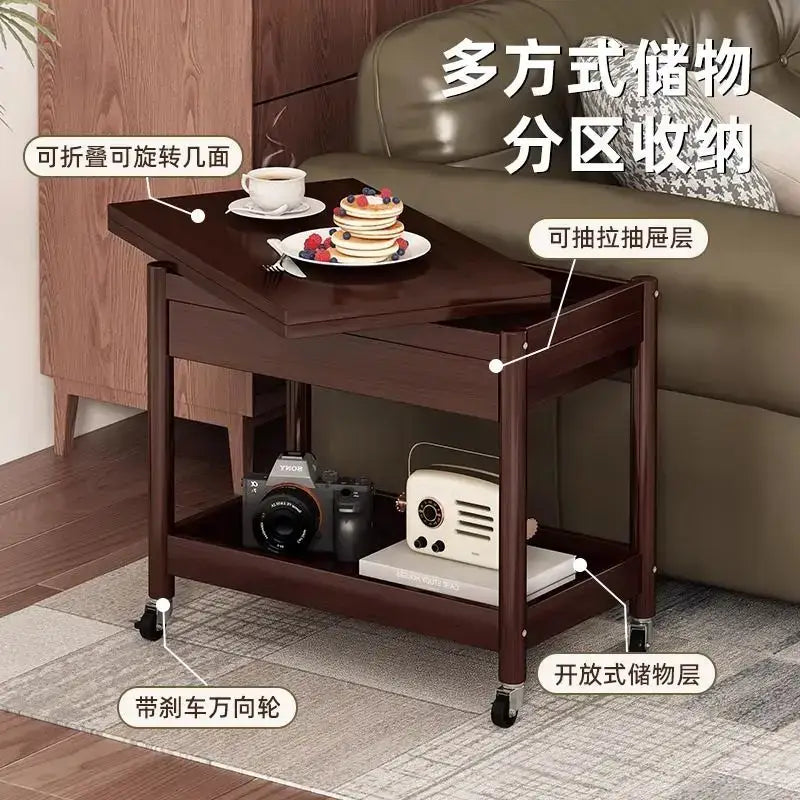 Dark brown ash wood coffee table with folding desktop storage pull-out drawer and brake-equipped swivel wheels