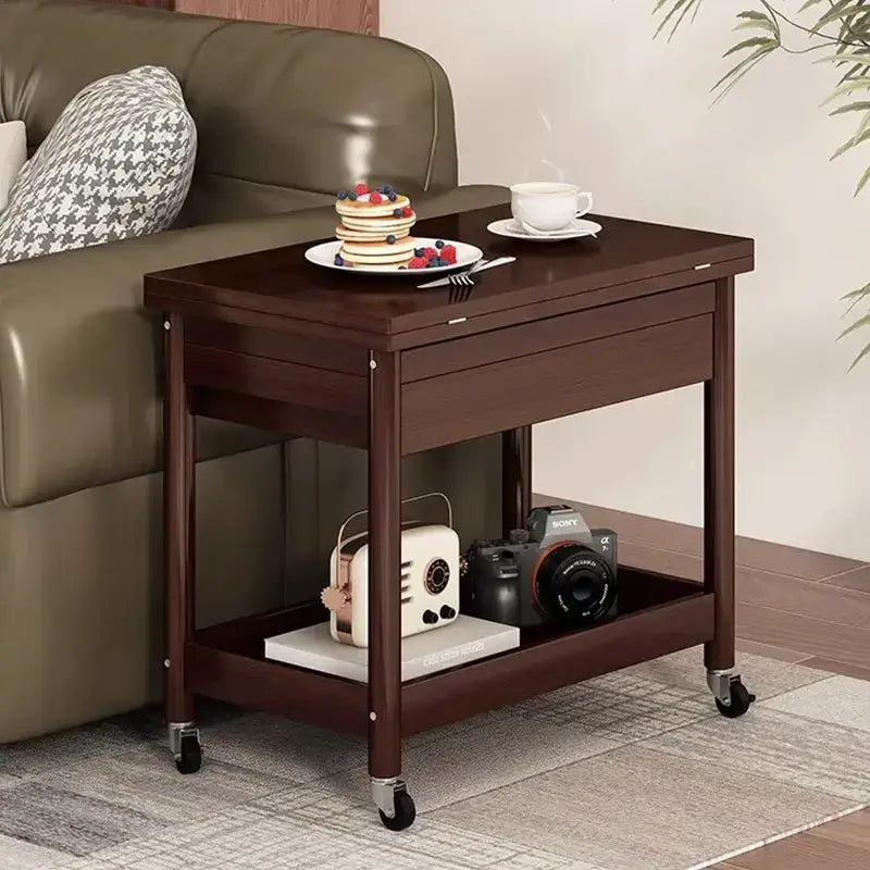 Dark brown ash wood coffee table with folding desktop storage single drawer lower shelf and caster wheels for mobility