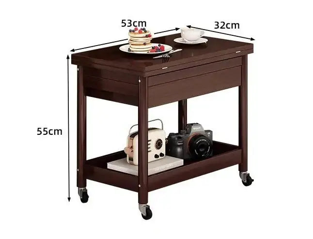 Dark brown ash wood coffee table cart with folding desktop storage drop-down drawer and black caster wheels