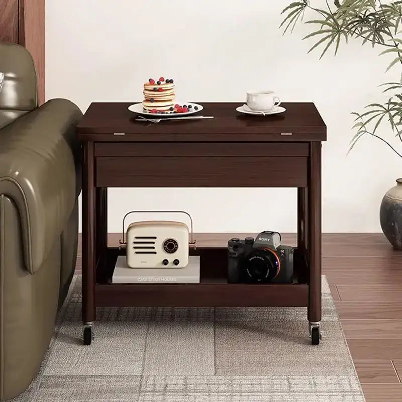 Dark brown ash wood coffee table with folding desktop storage, single drawer, lower shelf, and casters for mobility