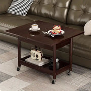 Decorbites™ ash wood coffee table in dark brown with folding desktop storage lower shelf and four caster wheels