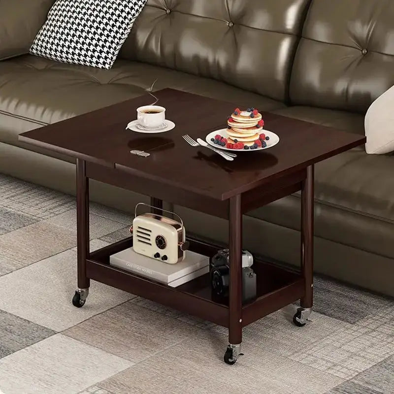 Decorbites™ ash wood coffee table in dark brown with folding desktop storage lower shelf and four caster wheels