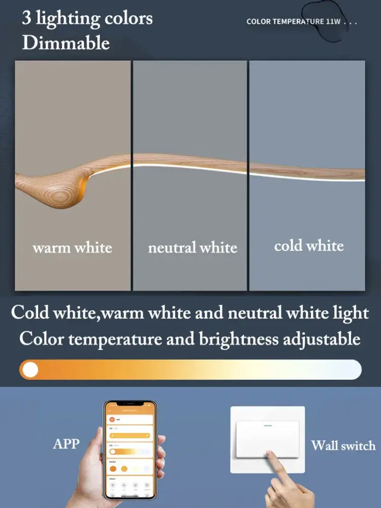 A sleek decorbites ash wood pendant light with dimmable ash wood led and adjustable warm to cold white settings