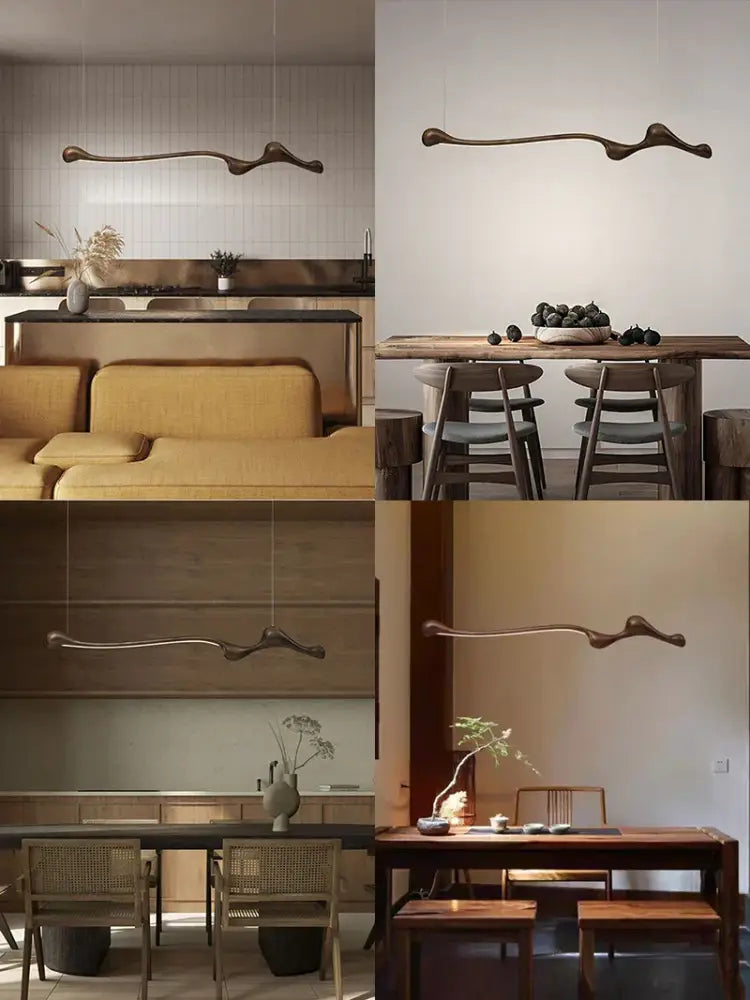 Dark bronze sculptural pendant lights with organic flowing design in decorbites ash wood led indoor decor
