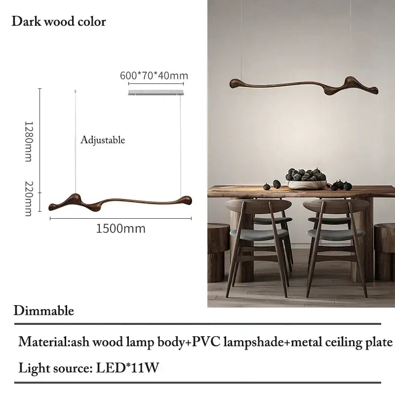 Dark wood-colored decorbites ash wood led pendant lights with sculptural ash wood body and pvc shade for indoor decor