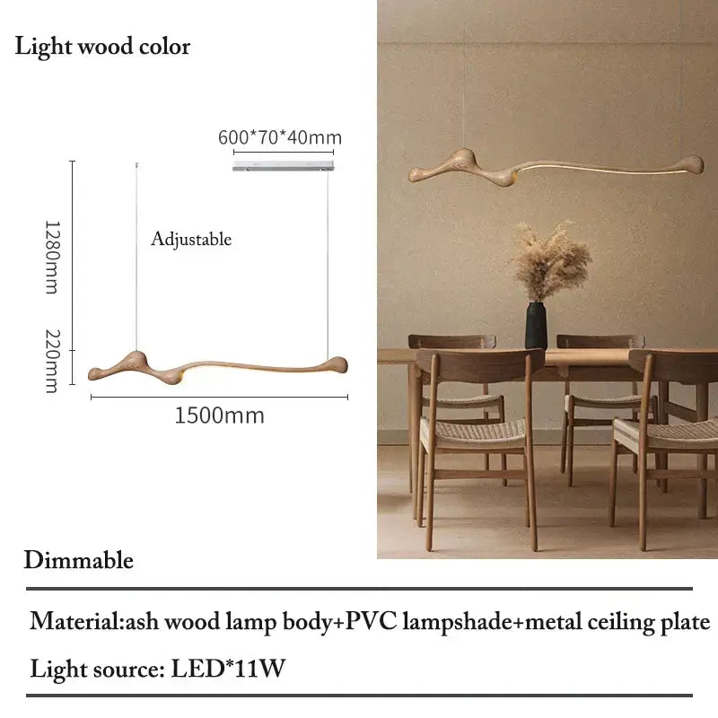 A sleek light wood-colored decorbites ash wood led pendant light with sculpted ash wood body and modern design