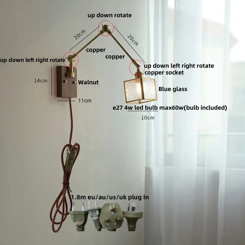 Adjustable DecorBites ash wood LED wall lamp with copper swing arm, blue glass shade, and walnut-finished mounting plate