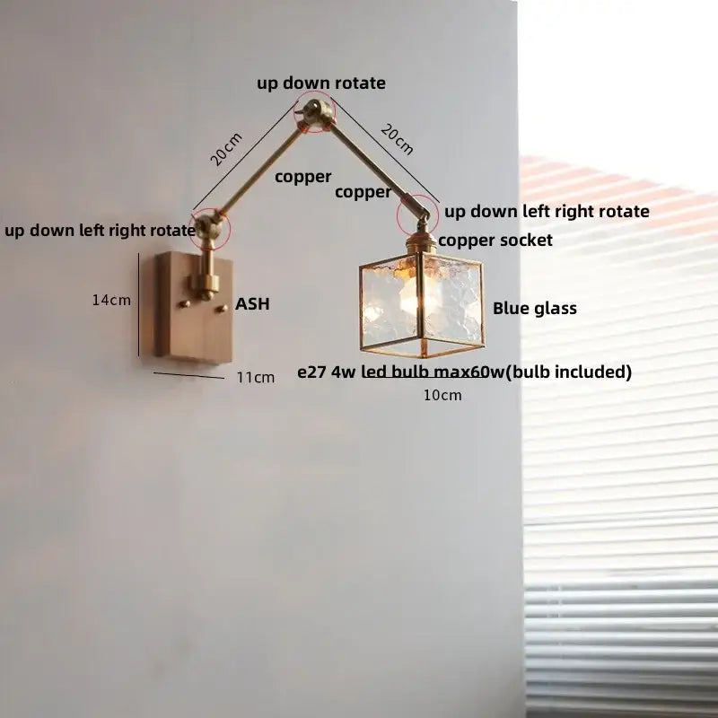 Adjustable decorbites ash wood led wall lamp with copper swing arm and blue glass cube shade with pull chain switch