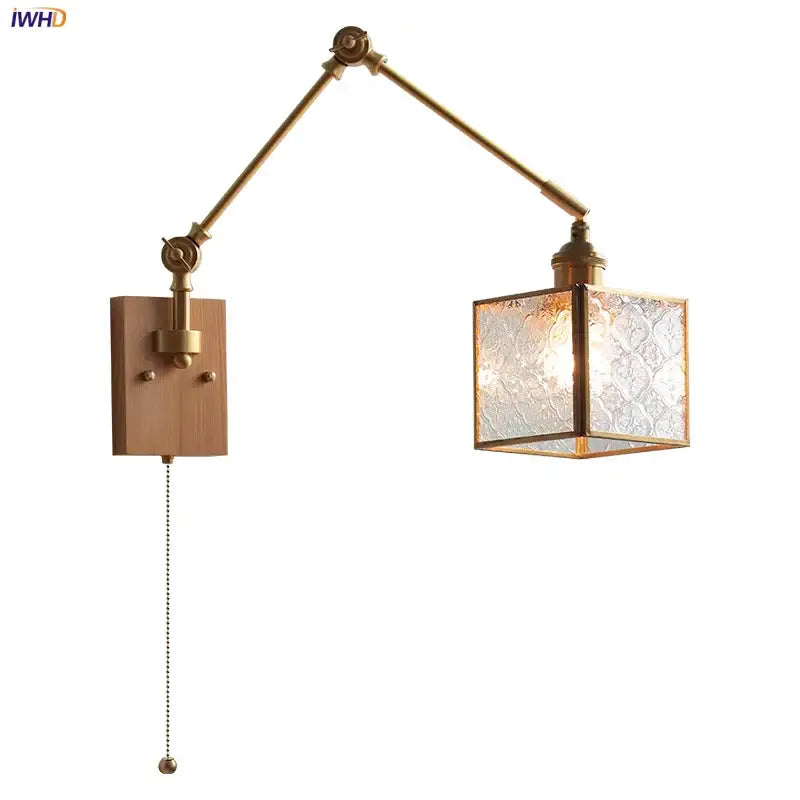 Brass-finished adjustable wall lamp with embossed square glass shade from decorbites ash wood led collection