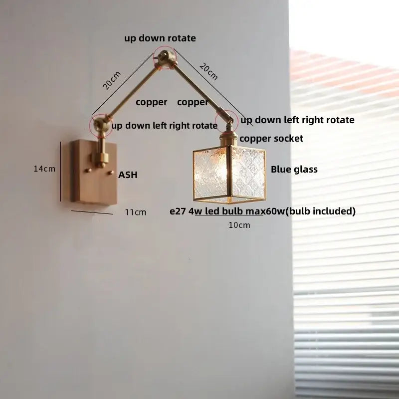 Copper-finished decorbites ash wood led wall lamp with adjustable swing arm and blue tinted etched glass cube shade
