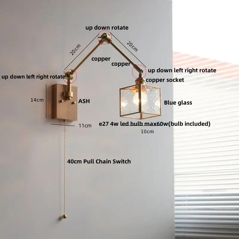 Copper-finished decorbites ash wood led wall lamp with blue glass cube shade and e27 led bulb pull chain switch