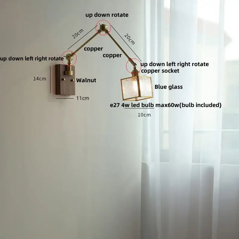 Adjustable copper wall lamp with blue glass shade and walnut base decorbites ash wood led swing arm wall light