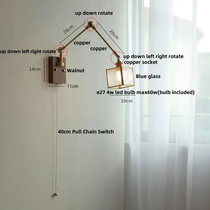 Adjustable copper wall lamp with blue glass shade and walnut finish mounting plate from DecorBites ash wood LED series