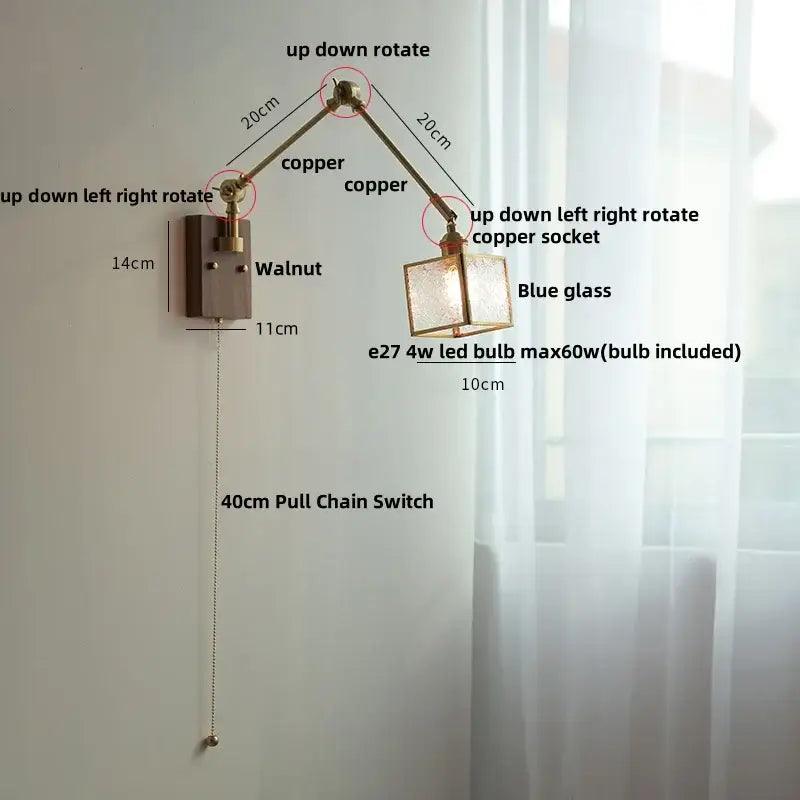 Adjustable copper wall lamp with blue glass shade and walnut finish mounting plate from DecorBites ash wood LED series