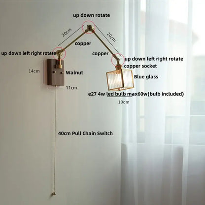 Adjustable copper-arm wall lamp with blue glass shade and walnut-finished mount by decorbites ash wood led collection