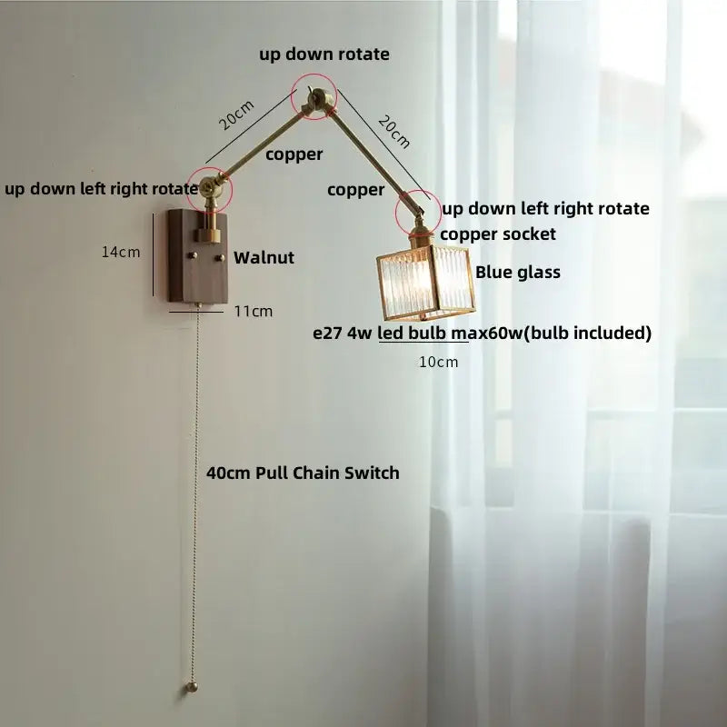 Adjustable copper-arm wall lamp with blue glass shade and walnut-finished mount by decorbites ash wood led collection